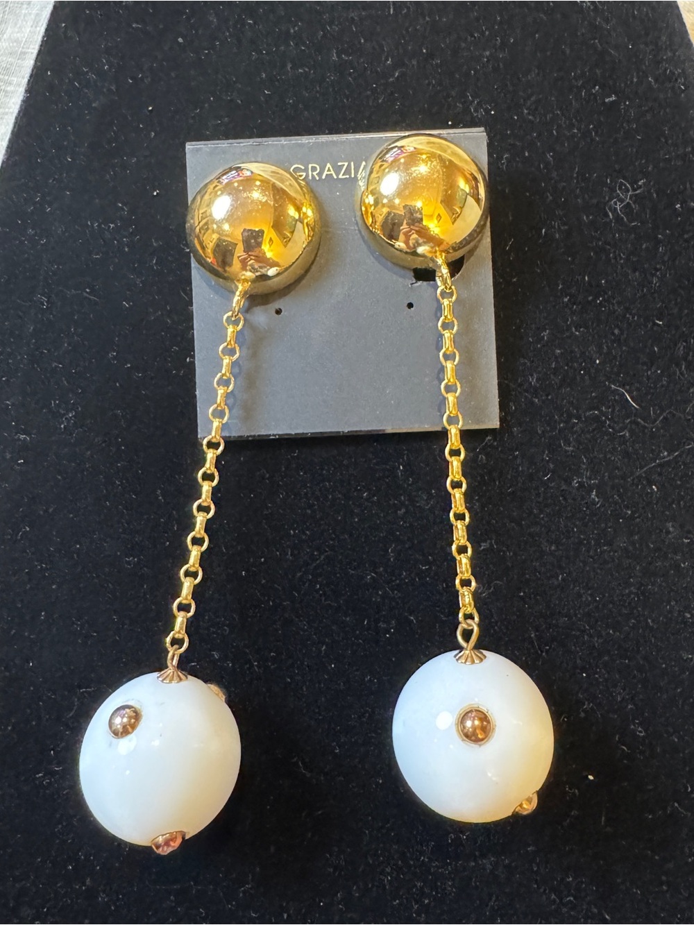 Vintage R.J. Graziano Gold Drop Earrings with Studded White Balls